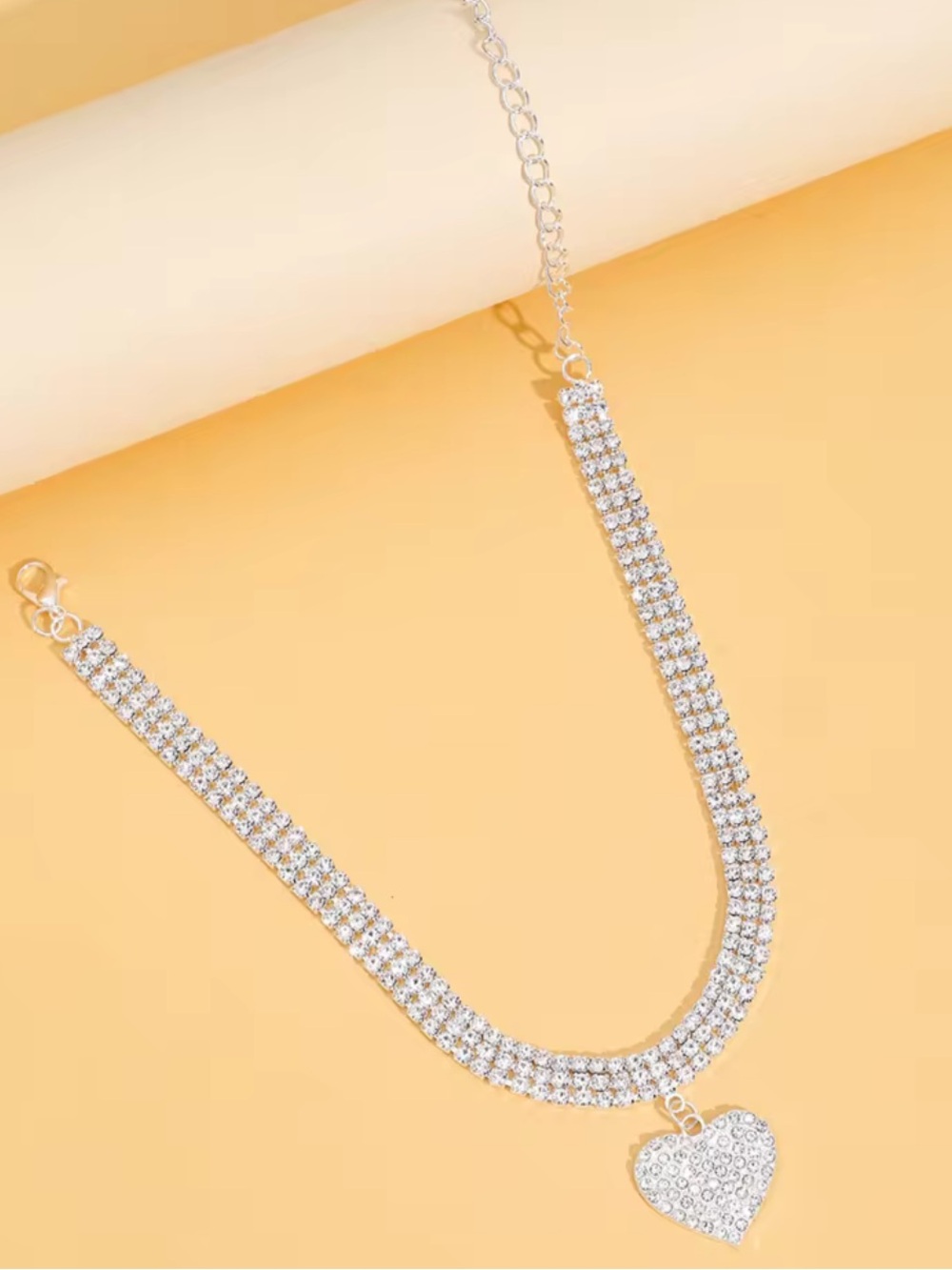 Macy's Silver Double-Row Crystal Necklace with Heart Pendant